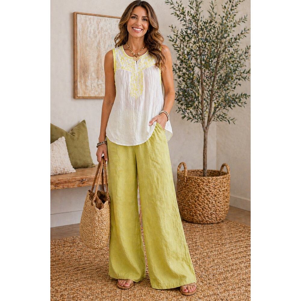 Izzy & Lola Womens S White Embroidered Boho Sleeveless Blouse Neon Yellow Top